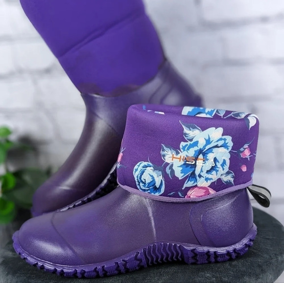 Wet weather rubber boots, rain, gardening, neoprene roll down purple floral 10 - Picture 8 of 15